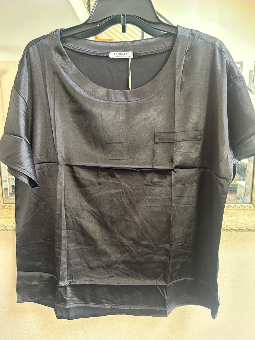 Ekouaer Black Satin Short Sleeve Tee with Pocket Detail